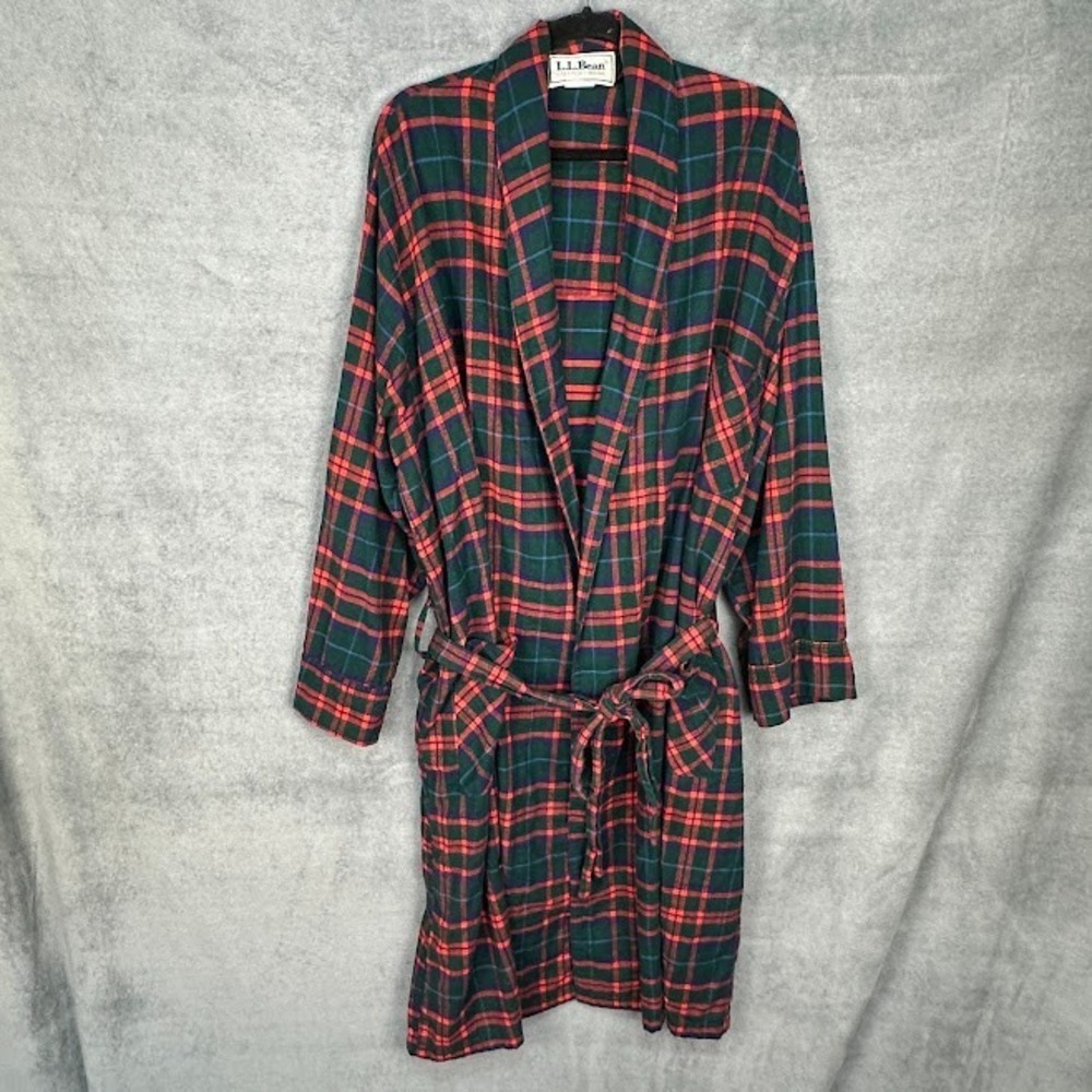 LL Bean Robe Mens Large Red Scotch Plaid Flannel Vintage 80s 90s Freeport Maine